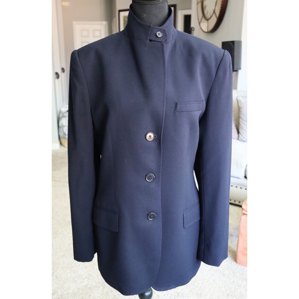 Ralph Lauren Vintage 90s Navy Blue Wool Blazer Stand Mandarin Collar Womens 12 - Picture 2 of 8